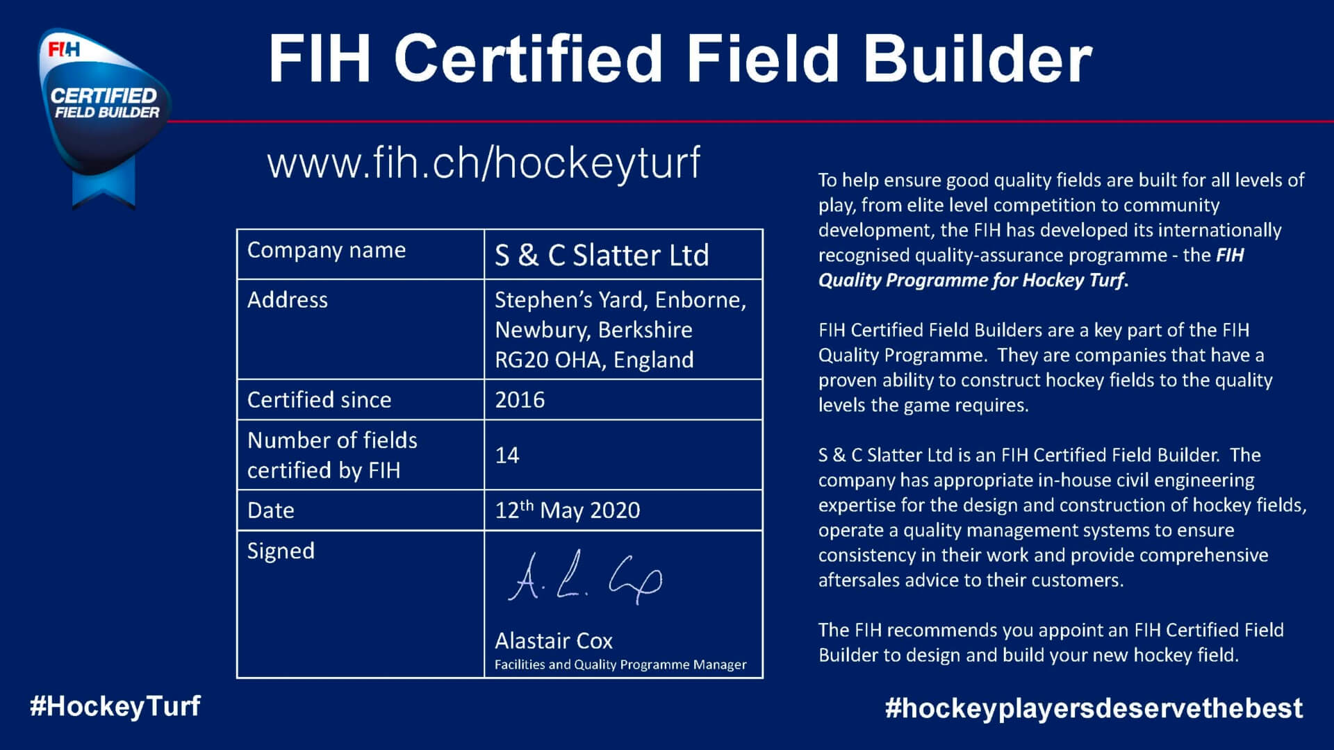 S&C Slatter FIH Certified Field Builder